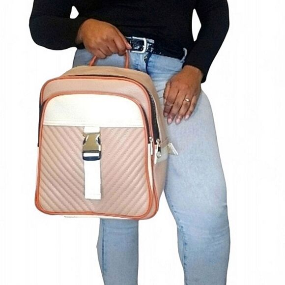 Double zip Square Top Tan and Cream backpack purse - Picture 1 of 10